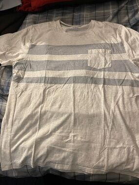 Old Navy Light Gray Tee with Navy Stripes and Chest Pocket